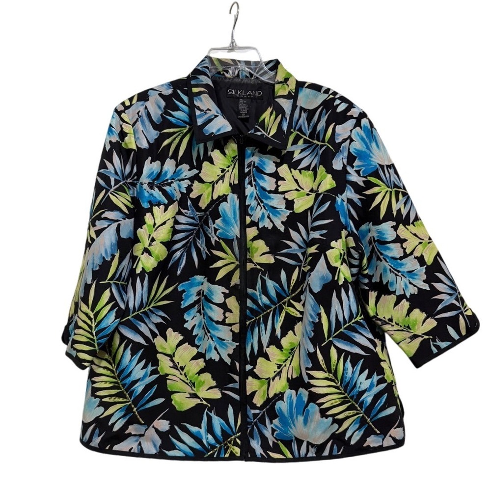 Silkland Woman 2X Silk Tropical Palm Beaded Zip Front Jacket Black Blue Green